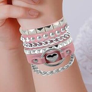 3Pcs Soft Leather Bracelets with Heart Pink and Silver‎ Pink Rock Goth